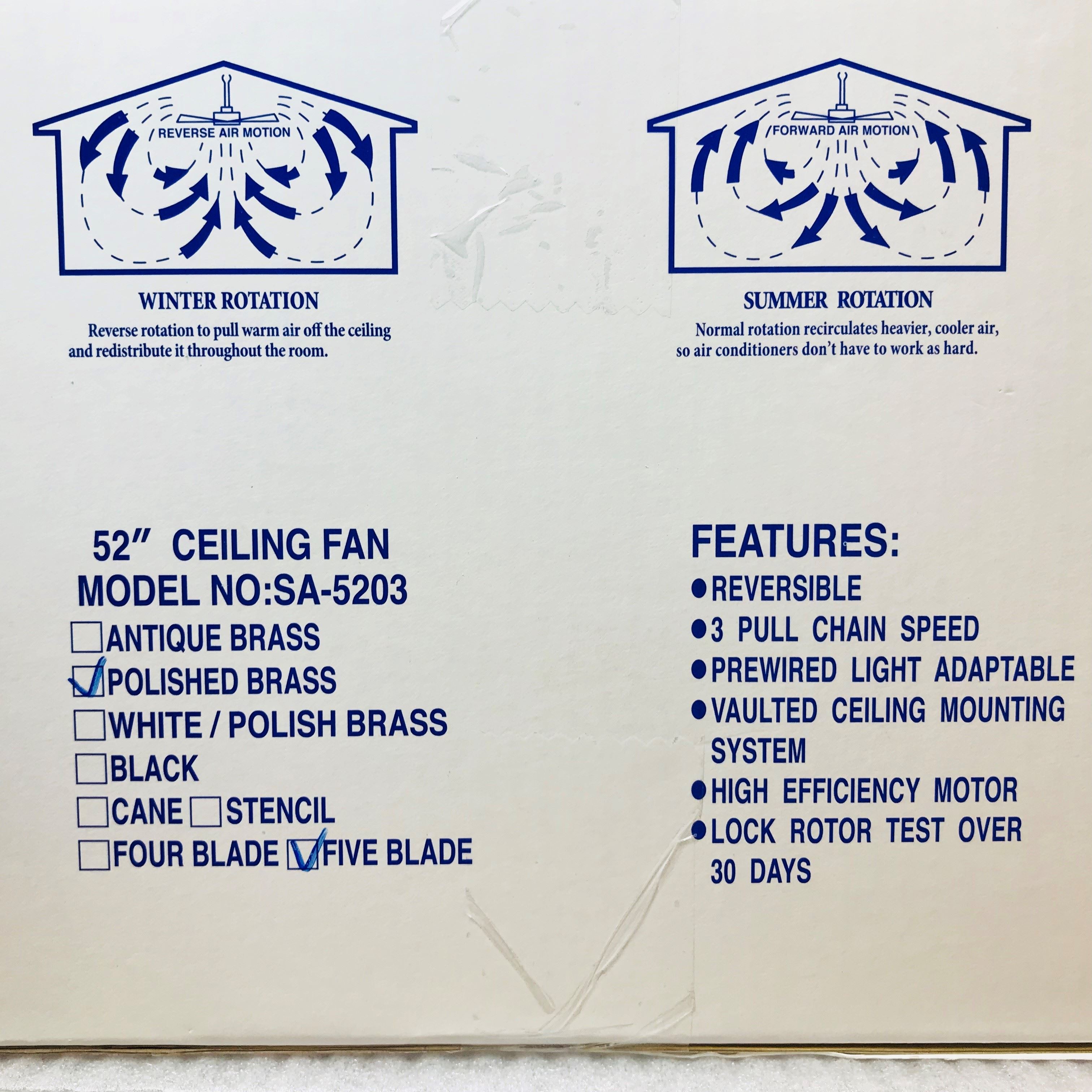 Sakura 52" 220-240 Volt Ceiling Fan 220/240V Polished Brass 5 Blades 4 Lights 