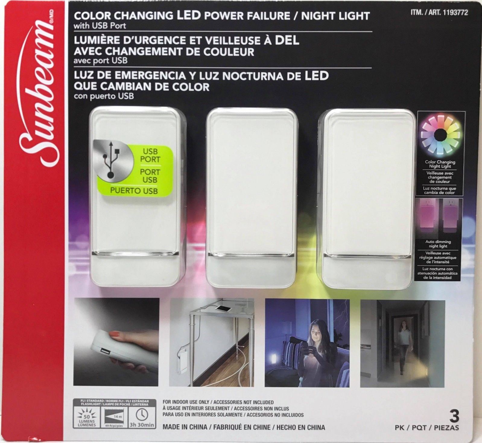 Sunbeam Color Changing Led Power Failure Night Light 3 Pk With USB Port
